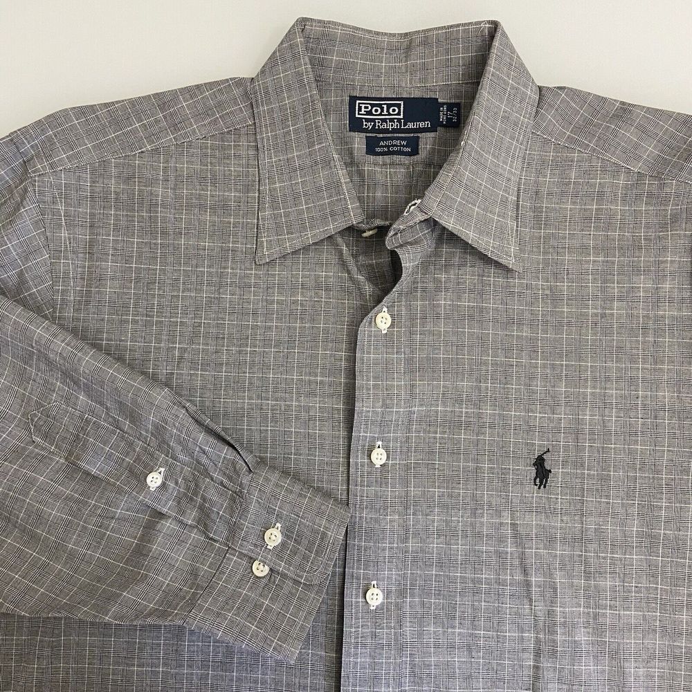 Polo Ralph Lauren Mens 17 32/33 Gray Plaid Andrew Button Down Shirt Oxford